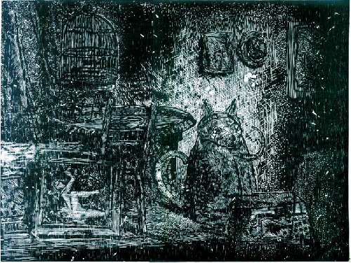 Kot 2000r. – grafika, linoryt